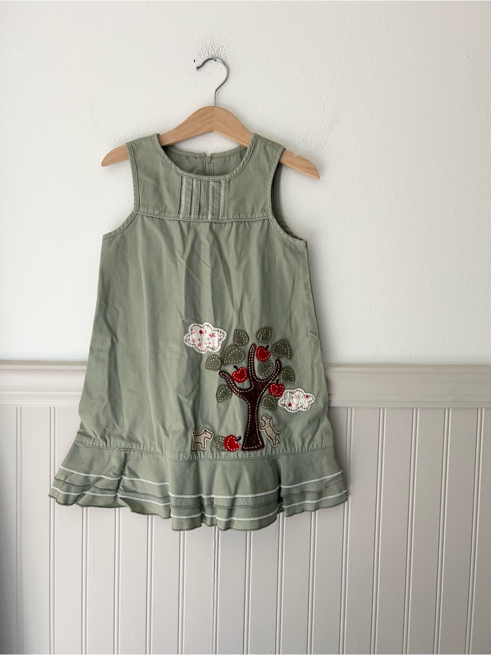Vintage Faded Glory 4T Olive Green Apple Tree Puppy Dress